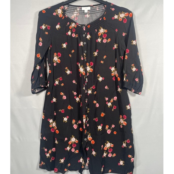 J. Jill Dresses & Skirts - J. Jill Black Floral‎ Button Front Smocked Rayon Dress Petite Small WDR167412